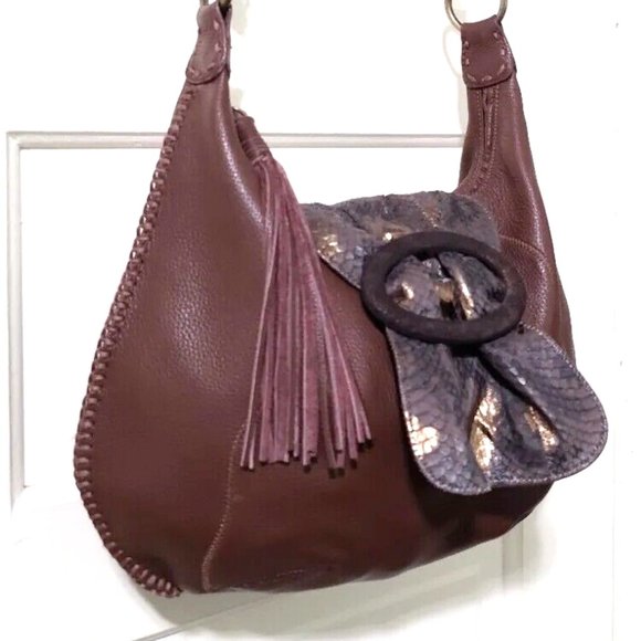 NEW Carlos Falchi CHI Brown 100% Leather Snake Skin Crescent Shoulder Bag Purse - Picture 7 of 13